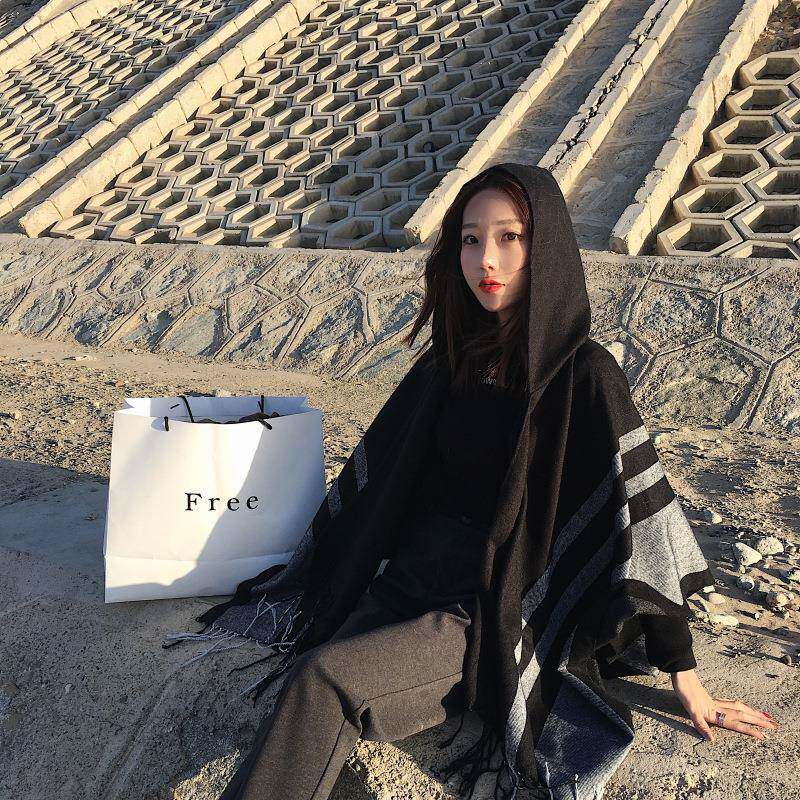 冬天带帽保暖流苏学生围巾空调披肩两用加厚加长款女士斗篷秋冬季