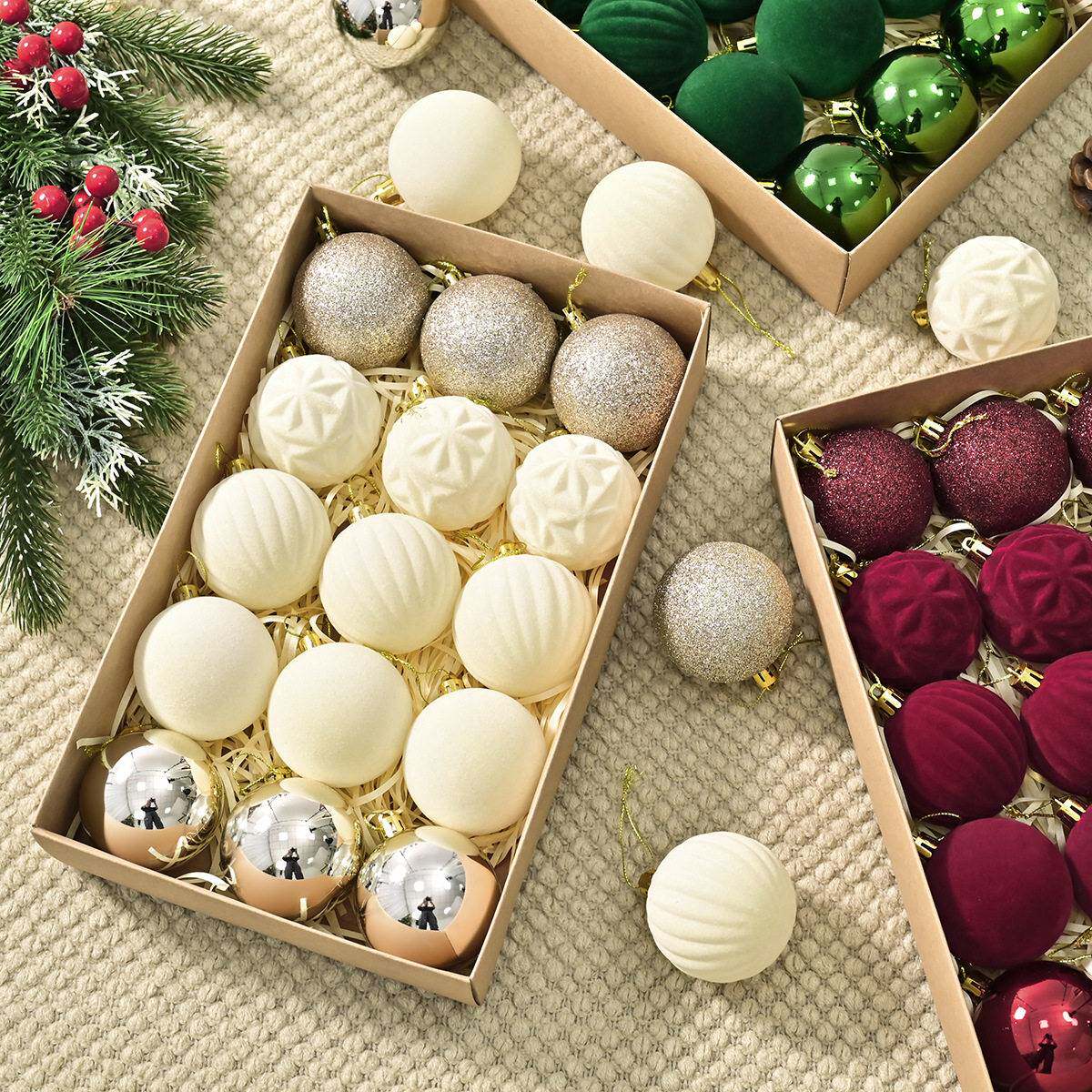 跨境6CM植绒圣诞球15只装电镀闪粉挂件圣诞树装饰 节日挂球