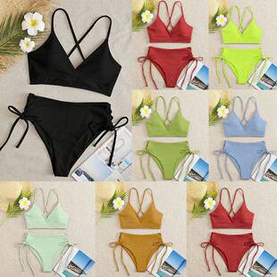 沙滩系带三角比基尼海边度 新款 V领聚拢两件式 性感大胸大罩杯泳装