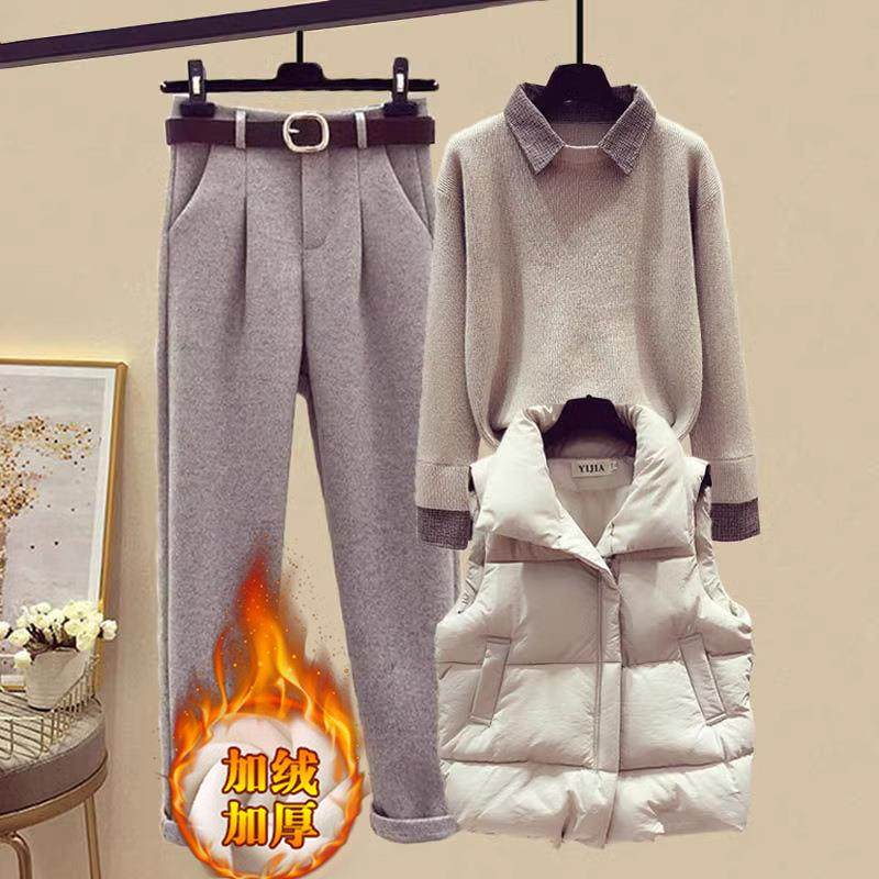 时尚休闲棉服套装女秋冬新款大码加绒加厚运动卫衣马甲三件套