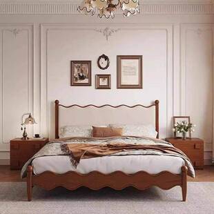 实木7058床中古风主卧1米8人大床风家用卧室复双古1米5波浪涟漪软