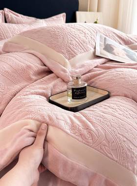 冬季裸双睡4D雕花牛奶绒四件裸睡ODN加面厚珊套瑚绒被套保暖床上