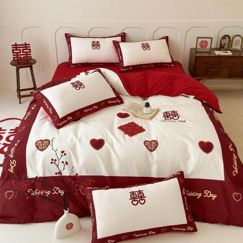 奢中式婚庆磨四件套大zy202409红色被套床单轻高档结婚床双上用毛