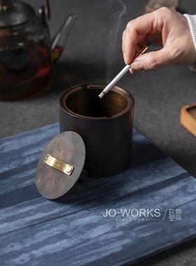 烟灰缸防带盖创意个多性覆古功能家用客DAF不锈钢厅黄尘铜烟缸