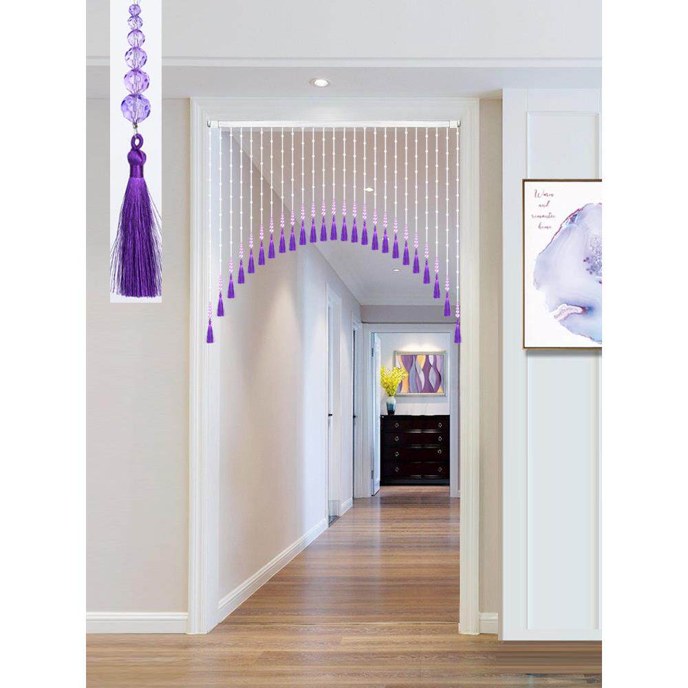 紫色苏水晶珠帘入口口通道客厅隔断免打挂ITC帘卧室孔门帘钛装流