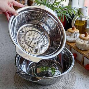 中0式 34不锈钢沥水米篮套装洗米淘盆水果篮滤水洗IQX盆两件菜套