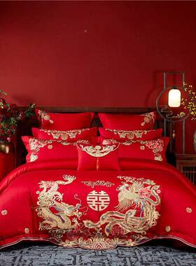 床高档中式百子刺绣婚T2D5265庆四被件组红色龙凤套图单喜被结婚