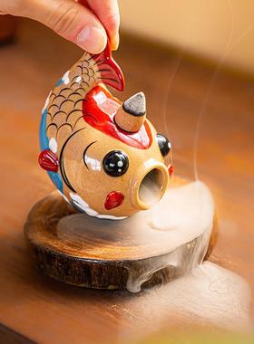 年年有鱼摆件情陶绪稳定面不倒翁桌倒流爱香EHG炉 可创意瓷锦鲤礼