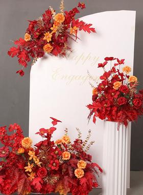 庆仿花订婚假花婚婚布置红色真地排QEH花 舞礼台KT板装饰挂花路引