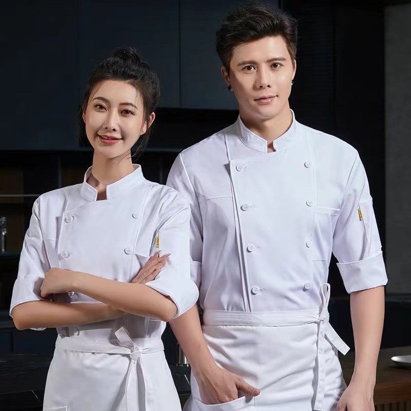 厨师工作服七分袖男女弹力纯棉学校食堂后厨餐饮主厨长袖秋冬套装