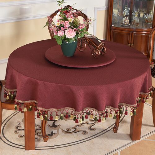 中式红色酒店转盘l桌布装饰圆桌宴会台布大圆台餐厅流苏家居布艺