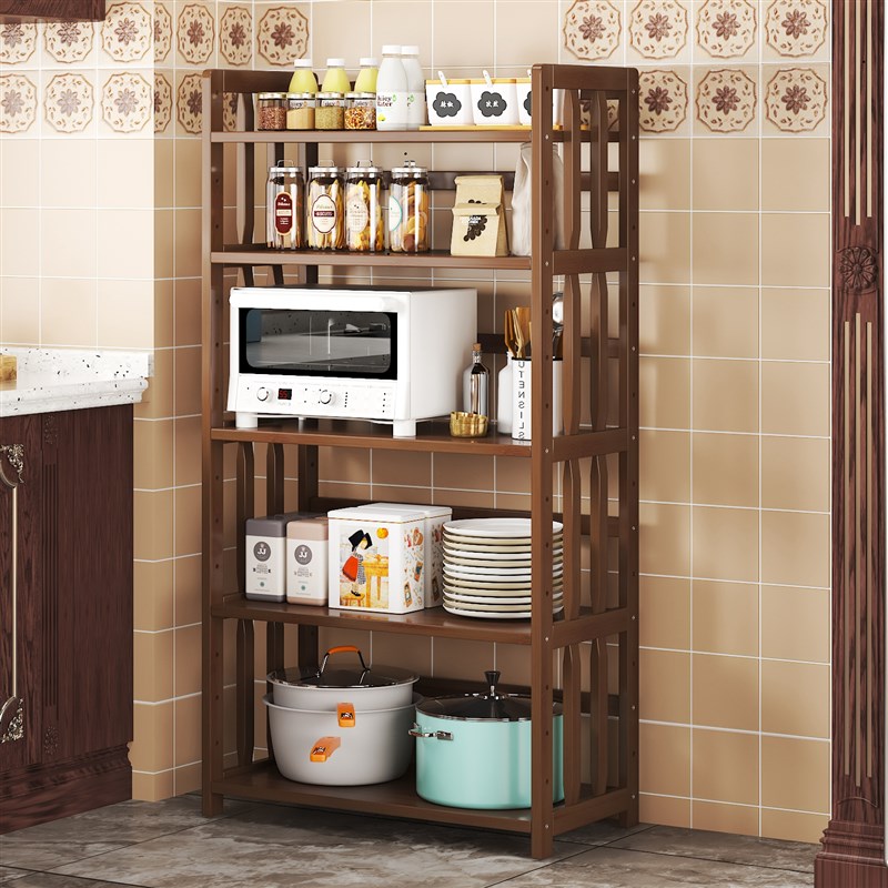 厨房置物架多层落地微波炉烤箱架子实木竹锅具整理柜收纳储物架