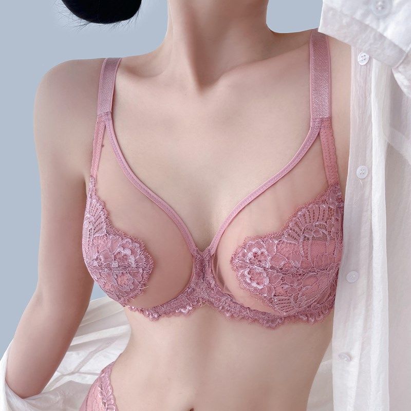 粉色内衣女薄款大胸显小套装聚拢全罩杯收副乳防下垂上托大码文胸