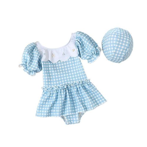 儿童泳衣女孩2024夏季新款洋气可爱裙婴幼儿宝宝连体格子裙游泳衣