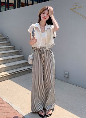 现货:夏装新款薄款衬衫+条纹阔腿裤两件套装2C135-5091P110K168