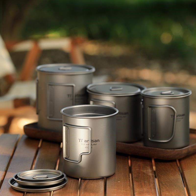 钛工匠户外纯钛杯子金属茶杯露营钛杯咖啡杯单层折叠把手便携水杯