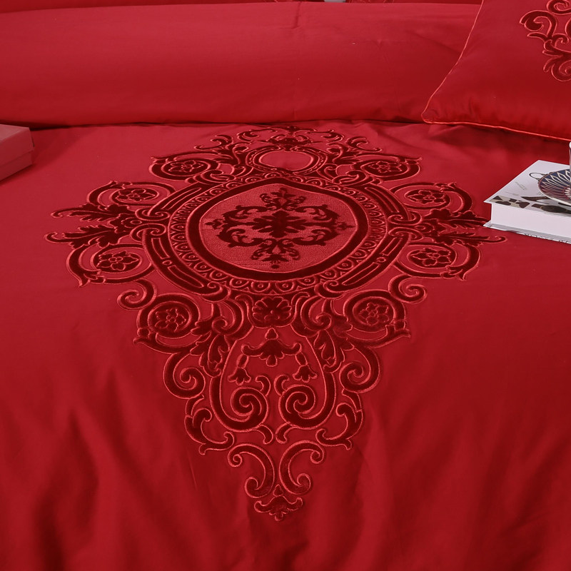 欧式婚庆床上用品大红婚庆四件套新婚房六件套1.8m结婚礼刺绣喜被