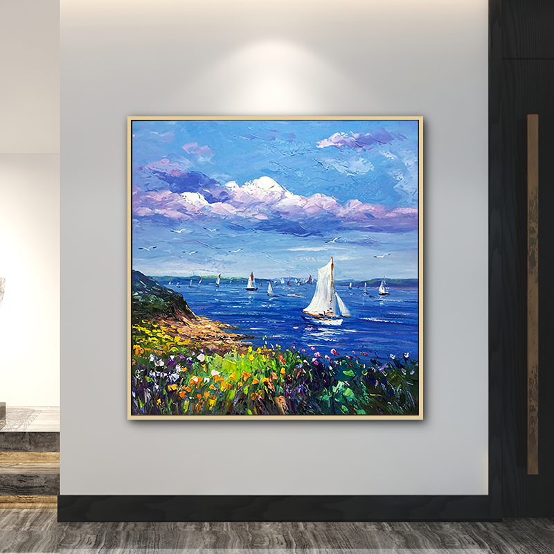 手绘油画挂画客厅大海风景画现代海景抽象装饰画纯手工成品画