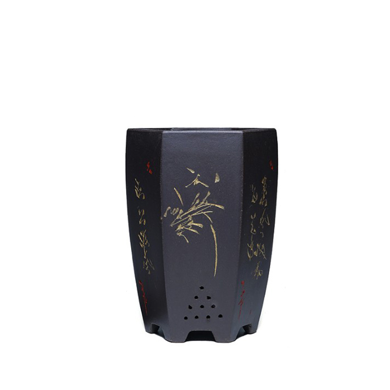 精品六方紫砂花盆透气陶瓷盆兰花专用盆栽室内手工送托盘仓