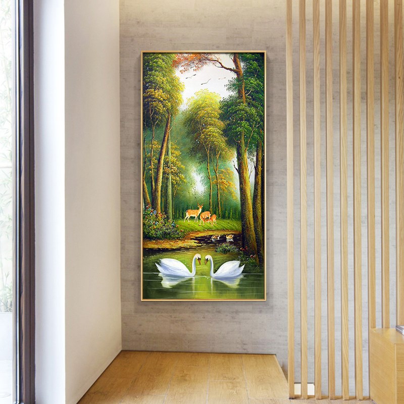 入户玄关装饰画现代过道走廊墙面挂画简约晶瓷客厅竖版壁画发财鹿图片