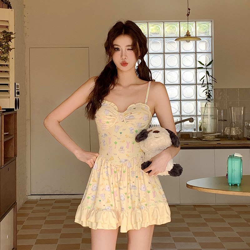 泳衣女温泉裙式少女甜美学生小胸聚拢遮肉显瘦保守仙女W范2024新