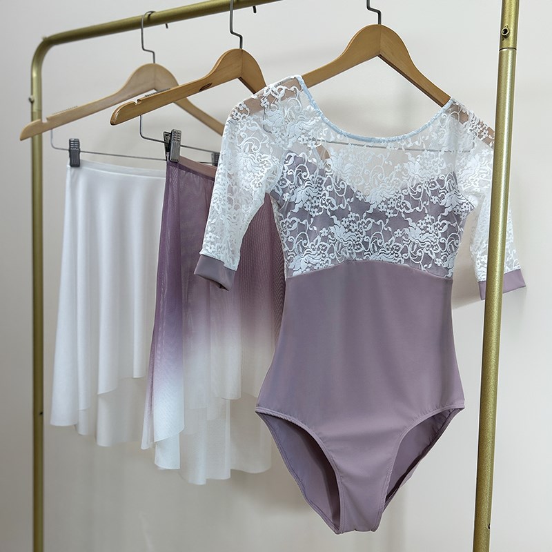 兰铂舞蹈练功服女成人蕾丝中袖形体基训服连体体操服空中瑜伽服