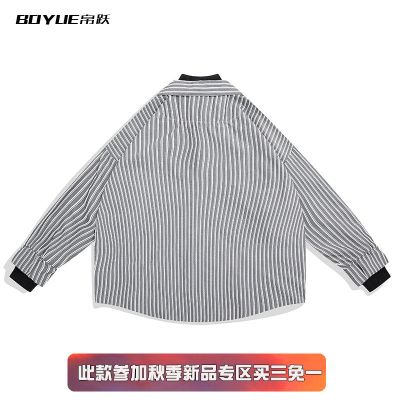 BOYUE帛跃港风宽松高领条x纹假两件衬衫男秋冬季流行长袖衬衣保暖
