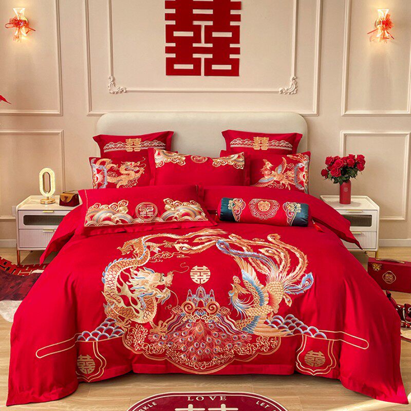 婚庆四件套大红喜庆被套新结婚房中式简约龙凤刺绣婚嫁礼床上用品,床上用品,婚庆床品套件,淘宝优惠券,粉丝福利购,淘宝优惠卷