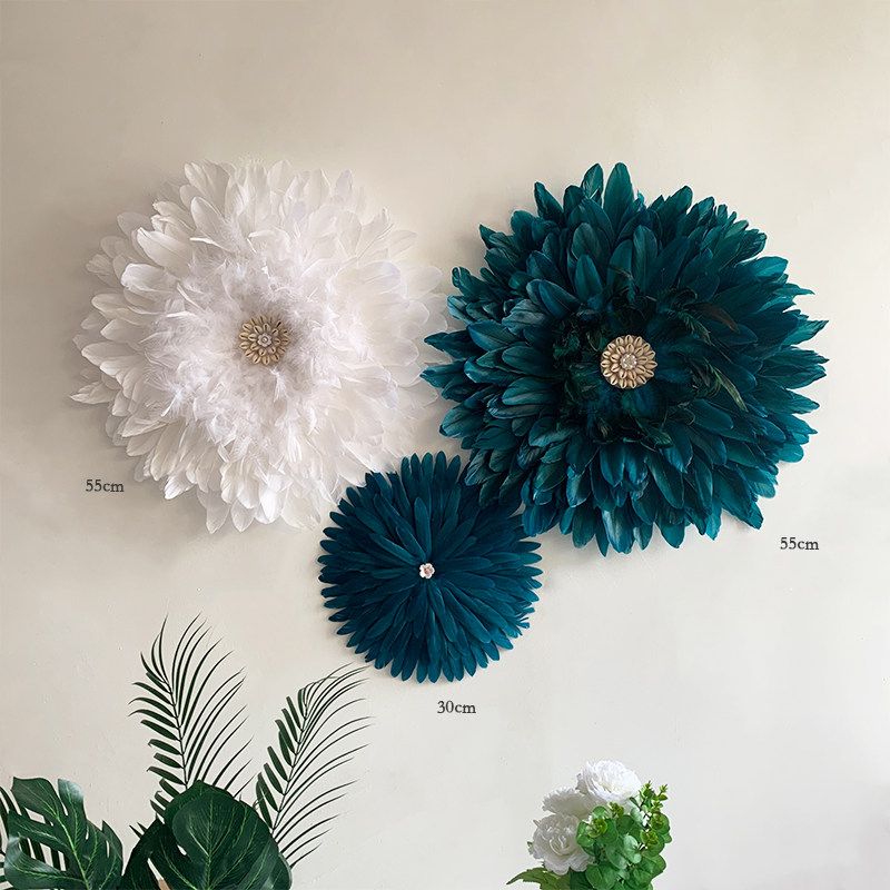 蓝色系客厅装饰花挂墙羽毛装饰品自粘服装店面玄关遮丑美甲店氛围