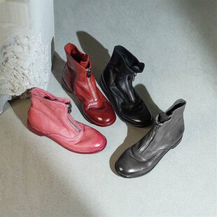 手工头层水洗马皮guidi靴210网红短靴女鬼帝Q靴前拉链马丁靴女单