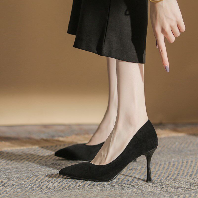 学生礼仪高跟f鞋2025新款细跟尖头黑色绒面职业不累脚面试工作单