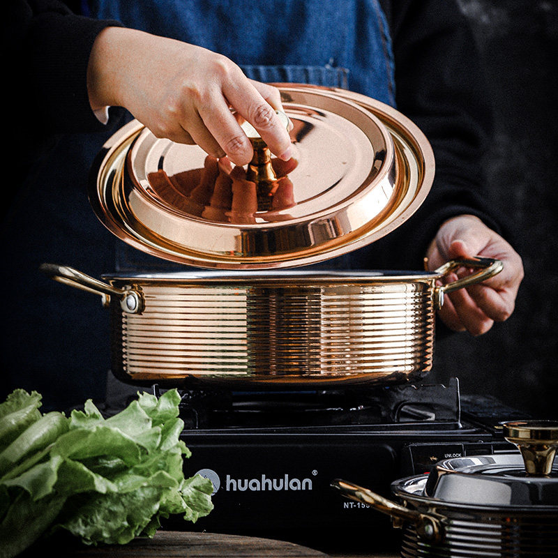 304不锈钢条纹双耳火锅家用三层钢汤锅金银双色电磁电陶炉小火锅