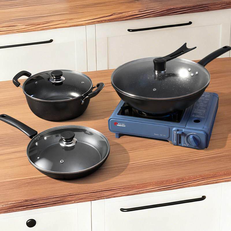 厨房锅具套装乔迁新居家用三件套组合式电磁炉炒锅汤锅煎锅不沾锅
