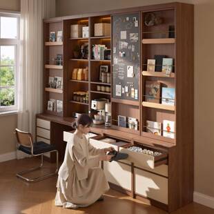 原木风满墙书柜书架一体可旋转伸缩书台客厅组合柜落地L形学习桌