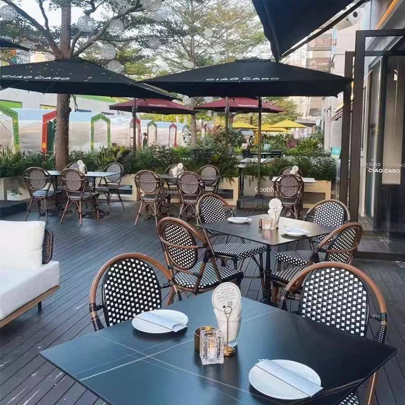 户外法式桌椅阳台藤编椅藤椅三件套咖啡厅奶茶店民宿室外复古餐椅