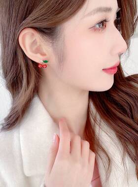 s925银针小众气质耳饰高级感少女心超仙简约清新气质红色樱桃耳钉