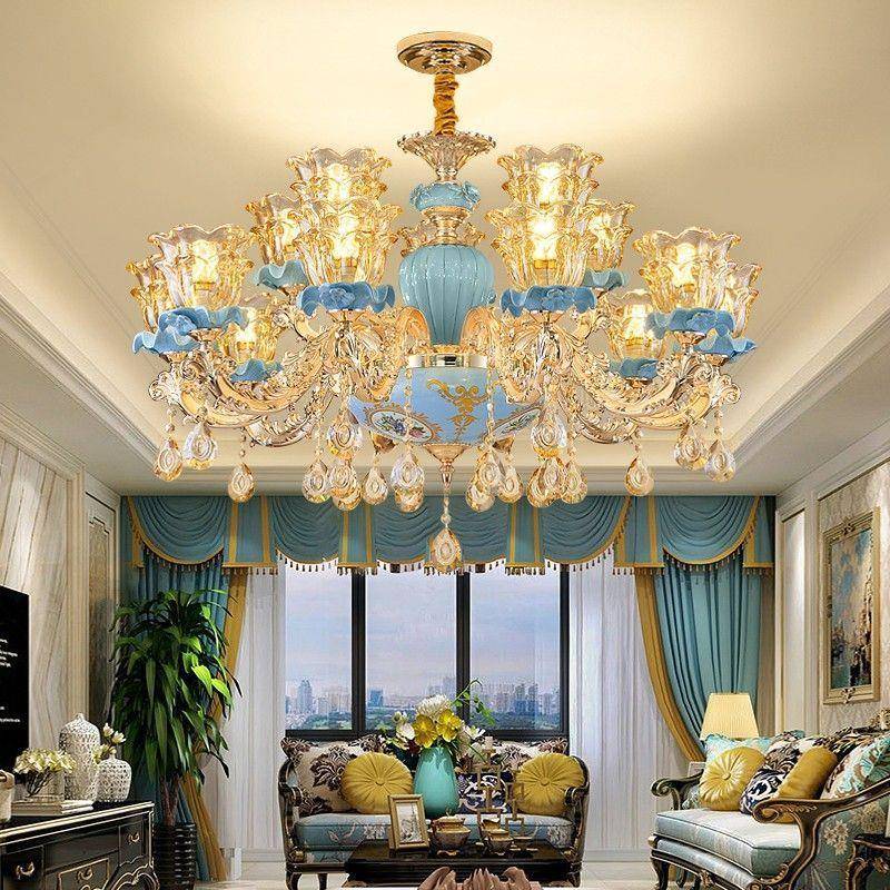 欧式客厅吊灯水晶陶瓷餐厅卧室灯现代简约大气别墅复式楼大厅灯具