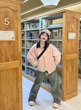 粉色棒球服外套女秋冬2025新款美式街头宽松麂皮高级翻领韩版夹克