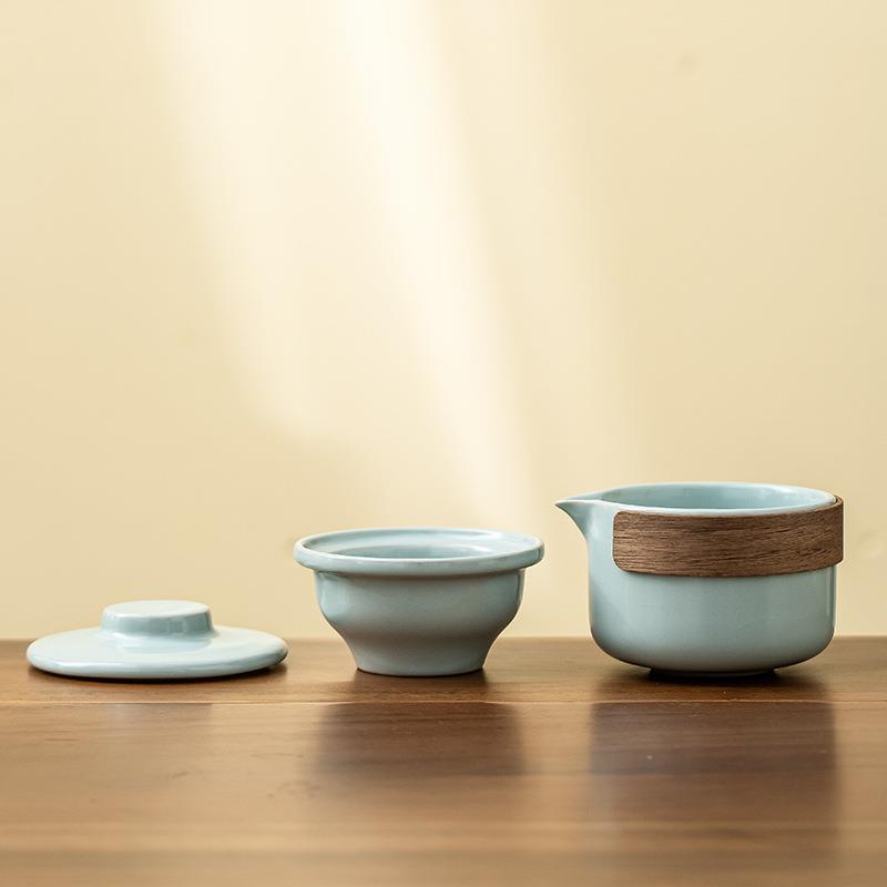 天青汝窑快客杯陶瓷家用泡茶套装旅行户外露营便携功夫茶具收纳包