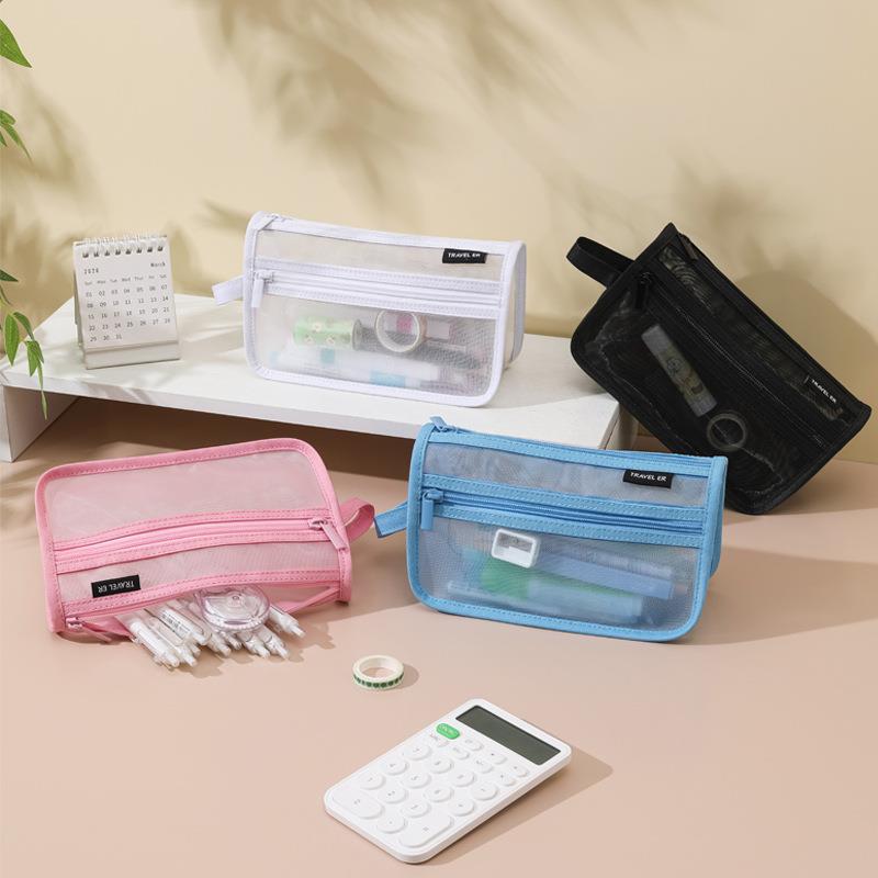 大容量透明网纱笔袋女孩子ins风高颜值小学生简约双层文具袋