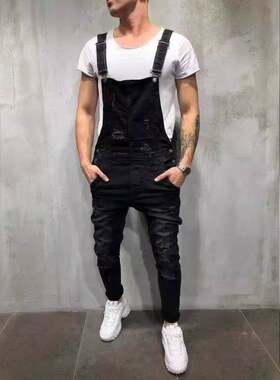 欧美外贸牛仔破洞男长裤跨境现货欧洲站男式背带裤工厂直销休闲