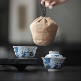 旅行茶具套装 手绘枇杷便携式 收纳包盖碗茶杯户外一壶一杯快客杯