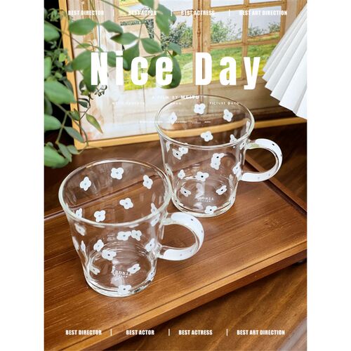 悦檬食器 白色是半花小清新玻璃杯高硼硅M耐热冷果汁牛奶可爱水杯