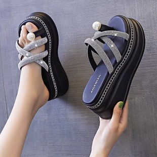小个子松糕沙滩凉鞋 新款 女外穿2025年夏季 厚底增高6cm水钻凉拖鞋