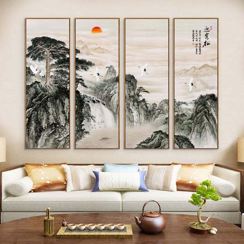 新中式客厅装饰画迎客松山水画四联禅意茶室沙发背景墙壁挂画