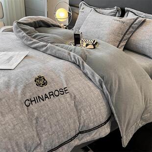 A类高端轻奢茶雕花山牛绒四件套加厚SLE被套珊毛绒床单床笠床瑚品