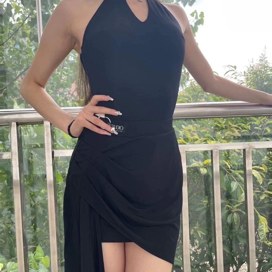 舞臻SY夏2025季拉丁舞色挂颈连黑身练功服飘带拉IXB丁舞显腿长