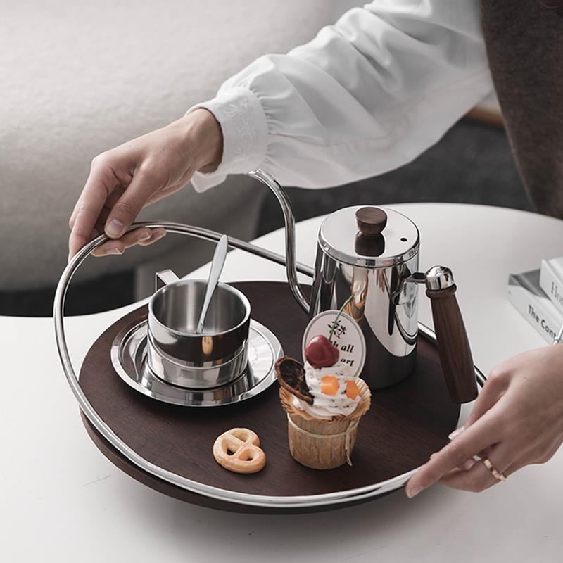 中古木质不锈钢咖啡杯托盘家用客厅茶盘水杯茶杯收纳餐盘轻奢高档