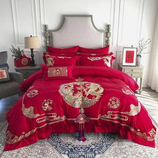 九喜狐家纺婚庆套件床上用品四件套红色喜被龙凤刺绣备婚恭贺新禧
