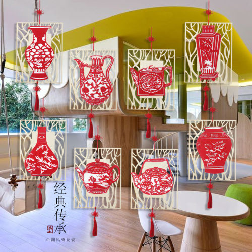幼儿园教室走廊环境布置装饰复古环创中国风青花瓷瓶木质吊饰挂饰